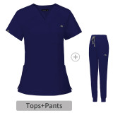Amazon Elastic Surgical Clothing Wholesale V-neck Short Sleeve Hospital Nurse Clothing Set Women's Operating Room Handwashing Clothes in Stock