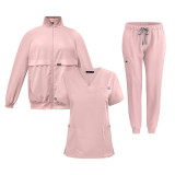 Three piece set of short sleeved long pants jacket, elastic surgical suit, V-neck nurse suit, hand washing clothes in stock, Amazon wholesale