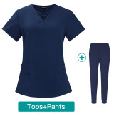 Foreign trade elastic quick drying work clothes doctor and nurse short sleeved summer thin comfortable and breathable hand wash clothes two-piece set