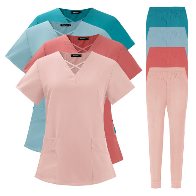 Foreign trade elastic quick drying work clothes doctor and nurse short sleeved summer thin comfortable and breathable hand wash clothes two-piece set