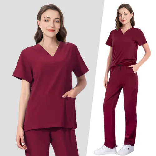 Elastic quick drying surgical suit, hospital nurse suit, beauty salon work suit, V-neck split body wash clothes, Amazon