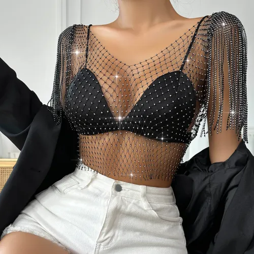 Water Diamond Sexy Fishing Net Top, European and American Summer Amazon Popular Mesh Diamond Flash Diamond Women's Short sleeved Tank Top