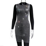 Water Diamond Fishing Net Top Popular European and American Summer Popular Mesh Flash Diamond Women's Short sleeved Dress