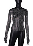 European and American foreign trade women's transparent and sexy nightclub women's mesh sparkling diamond round neck long sleeved top