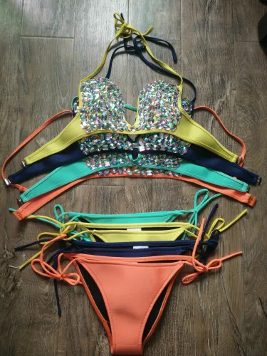 New diving fabric diamond bikini deep V long cup handmade sewn diamond swimsuit imported diamond swimsuit
