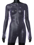 Popular European and American women's clothing with flared sleeves, mesh sparkle diamond round neck dress, nightclub sexy hollow out women's dress