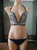 New diving fabric diamond bikini deep V long cup handmade sewn diamond swimsuit imported diamond swimsuit