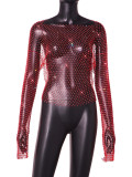 European and American foreign trade women's transparent and sexy nightclub women's mesh sparkling diamond round neck long sleeved top