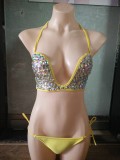 New diving fabric diamond bikini deep V long cup handmade sewn diamond swimsuit imported diamond swimsuit