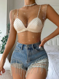 Cross border Amazon's best-selling grid diamond studded small vest, sexy hollow out nightclub bouncing women's top