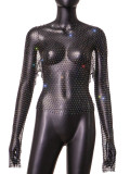 European and American foreign trade women's transparent and sexy nightclub women's mesh sparkling diamond round neck long sleeved top