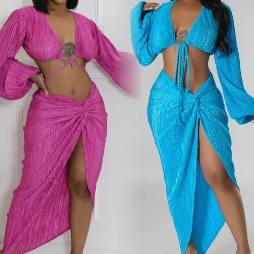 HX0398 Amazon Cross border Women's Spring Long sleeved V-neck High Waist Slim and Sexy Split Skirt Set