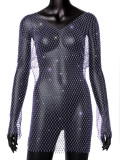 Popular European and American women's clothing with flared sleeves, mesh sparkle diamond round neck dress, nightclub sexy hollow out women's dress