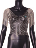 Water Diamond Sexy Fishing Net Top, European and American Summer Amazon Popular Mesh Diamond Flash Diamond Women's Short sleeved Tank Top