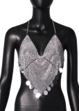 European Station Fashion Foreign Trade Women's Nightclub Sexy Low cut Back Hanging Neck Flash Diamond Spliced Triangle Tank Top Women