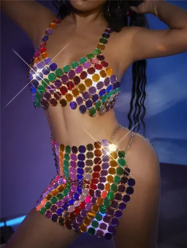 AliExpress European Fashion Foreign Trade Women's Nightclub Acrylic Colorful Open Back Neck Dress Vest