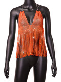 Summer wear Amazon's new slim fit backless European and American fishing net rhinestone tassel camisole