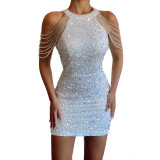 Spring European and American New Sexy Fashion Hanging Neck Off Shoulder Tassel Wrap Hip Crystal Spliced Sequin Dress