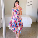 Cross border Amazon eBay dress from Europe and America, one shoulder irregular off the shoulder digital printed midi length skirt