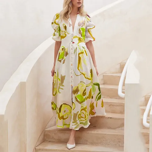 Spring Cross border New European and American Amazon Women's Beach Dress Slim fit Large hem Four sided Elastic Print Long Dress