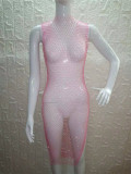Cross mirror AliExpress Wish Hot selling Transparent Hollow Mesh Flash Diamond Round Neck Sexy Split Beach Dress