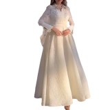 New Cross border European and American White Chest Beads, Flower Buds, Silk Yarn French Retro Long sleeved Fashion Slim Fit Dress