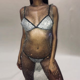 Cross mirror AliExpress Wish Hot selling Transparent Hollow Mesh Flash Diamond Round Neck Sexy Split Beach Dress