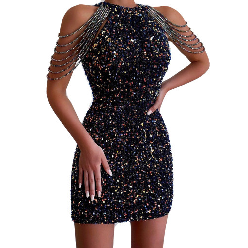 Spring European and American New Sexy Fashion Hanging Neck Off Shoulder Tassel Wrap Hip Crystal Spliced Sequin Dress