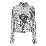 Cross border New European and American Women's Wear Amazon Bottom High Collar Versatile Style Sequin Long sleeved Top