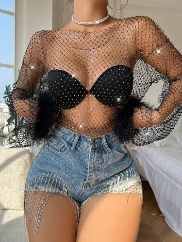 Fishing Net Women's Cross border Amazon New Flash Diamond Mesh Hollow Long sleeved Women's T-shirt Top