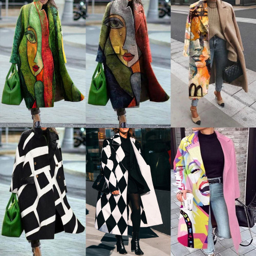 Cross border new European and American autumn foreign trade women's clothing Amazon long sleeved lapel jacket printed woolen long coat