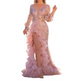 Autumn European and American New Cross border Women's Wear Independent Station Sexy Mesh Tail Sequins Split Pink Evening Dress