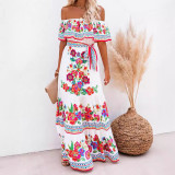 European and American Spring/Summer Independent Station Amazon New One Shoulder Red Flower Print Long Swing Dress