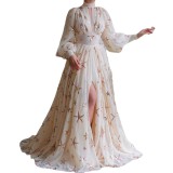 YX2024 New Multi Color Large Quantity in Stock Half High Collar Sequin Split Lantern Sleeves Large Swing Dress Chiffon Dress
