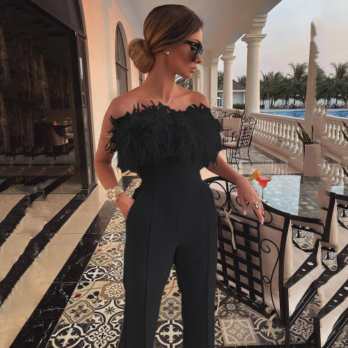 Cross border Spring/Summer New European and American Women's Feather Bra Solid Color Pants One Shoulder Off Back Sexy jumpsuit