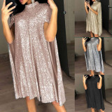 Spring New Amazon Wisebay European and American Foreign Trade New Small Standing Neck Sequin Dress Loose Women's Wear