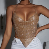 Amazon Hot Selling Women's Nightclub Bounce, Sexy Hanging Neck, Low Chest, Open Back Metal Diamond Small Vest