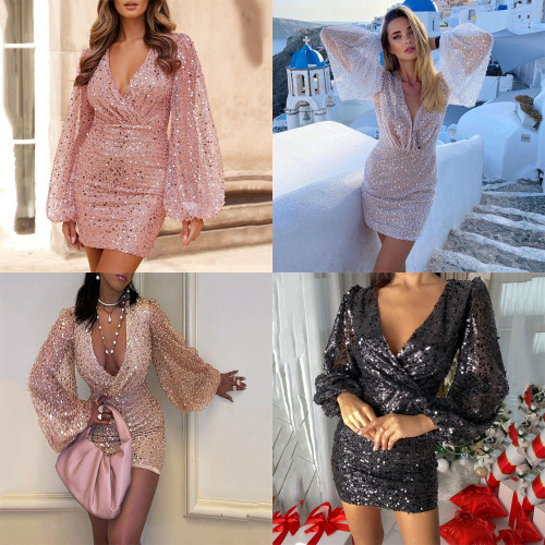 New cross-border European and American women's clothing Amazon Wish dress long sleeved V-neck sequined waist wrapped hip short skirt