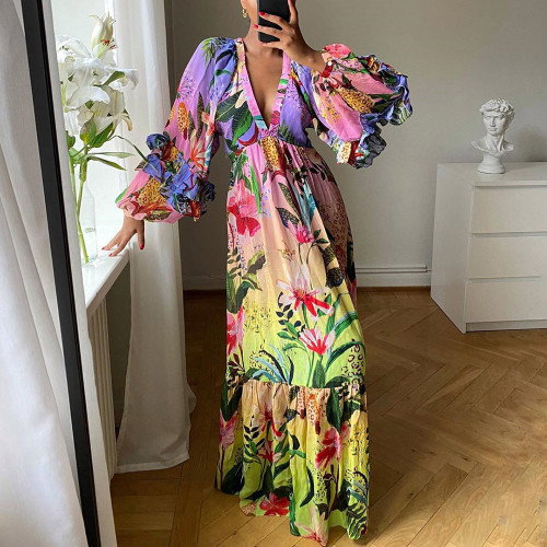 Summer Amazon's new printed gradient ruffled V-neck sexy and slimming dress dress