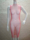 Cross mirror AliExpress Wish Hot selling Transparent Hollow Mesh Flash Diamond Round Neck Sexy Split Beach Dress