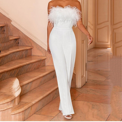Cross border Spring/Summer New European and American Women's Feather Bra Solid Color Pants One Shoulder Off Back Sexy jumpsuit