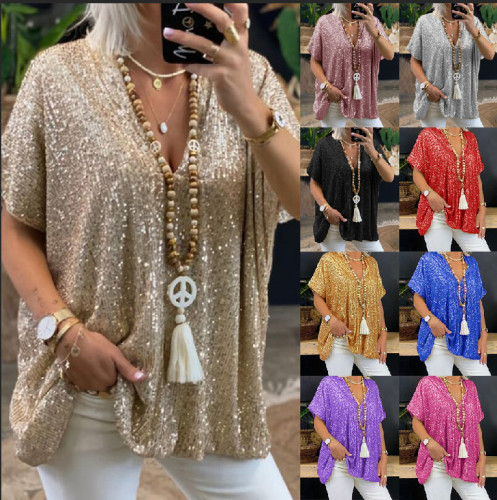 New European and American Amazon short sleeved urban casual color loose fitting pullover sequin V-neck T-shirt top for women