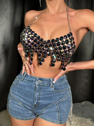 Cross border Instagram hot selling handmade gemstone DIY backless nightclub sexy acrylic women's top