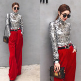 Cross border New European and American Women's Wear Amazon Bottom High Collar Versatile Style Sequin Long sleeved Top