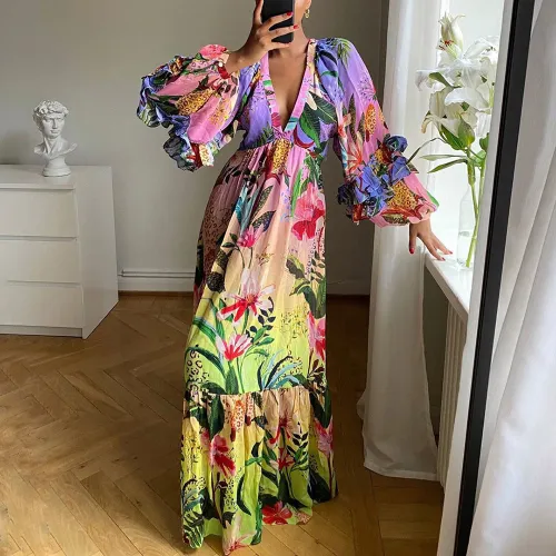 Summer Amazon's new printed gradient ruffled V-neck sexy and slimming dress dress
