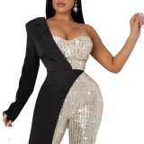 New European and American cross-border e-commerce independent station women's silver patchwork sequin one shoulder fashionable sequin jumpsuit
