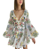 Summer New Cross border Women's Wear Mesh Embroidery Design Sense Lantern Sleeves Fairy Dress Birthday Party Dress