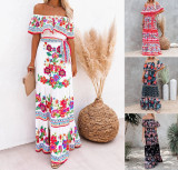 European and American Spring/Summer Independent Station Amazon New One Shoulder Red Flower Print Long Swing Dress