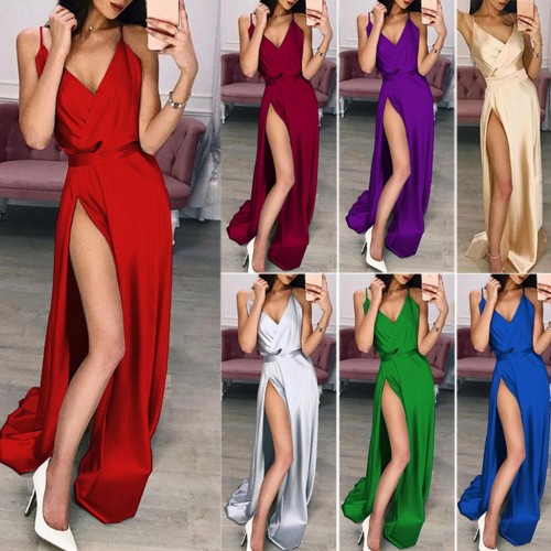 Spring Amazon European and American Sexy V-neck Sling with Split Floor Dress Fashion Foreign Trade Women's Evening Dress