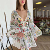 Summer New Cross border Women's Wear Mesh Embroidery Design Sense Lantern Sleeves Fairy Dress Birthday Party Dress